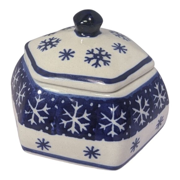 Polish Pottery Trinket Box Boleslawiec Hexagon Snow Flake Pattern - Picture 2 of 5
